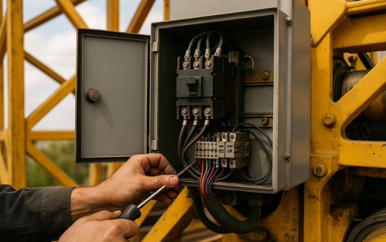 Technikerhände beim Reparieren eines Krans – professioneller Kranservice und Störungstechnik durch Elox Technik